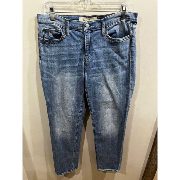 Gap 1969 Women's Jeans Size 29 R Real Straight Blue Whiskered Faded Embellished - Picture 1 of 10